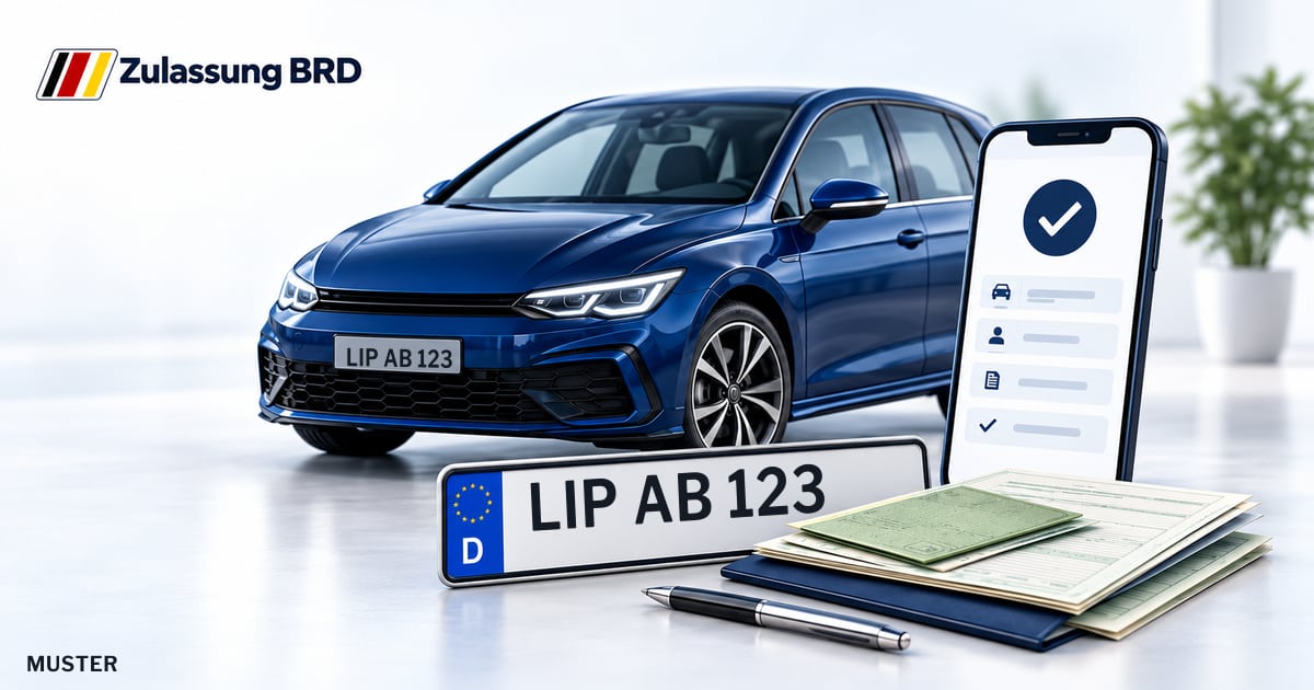 Online Fahrzeugzulassung in Blomberg: Musterkennzeichen LIP AB 123, Auto und Fahrzeugpapiere und Smartphone. Illustration mit Logo von Zulassung BRD.
